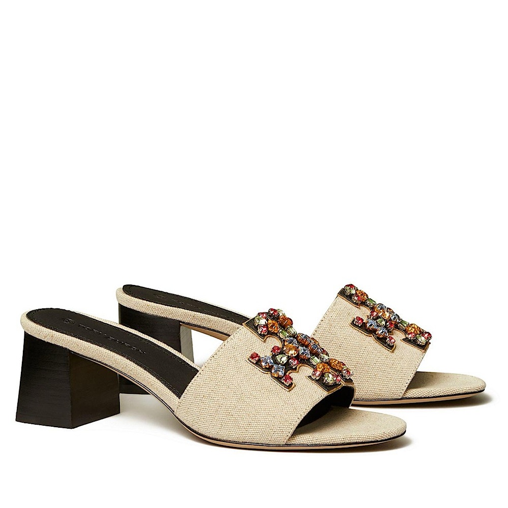 TORY BURCH Ines 55mm Bejeweled Linen Embellished Heeled Slide